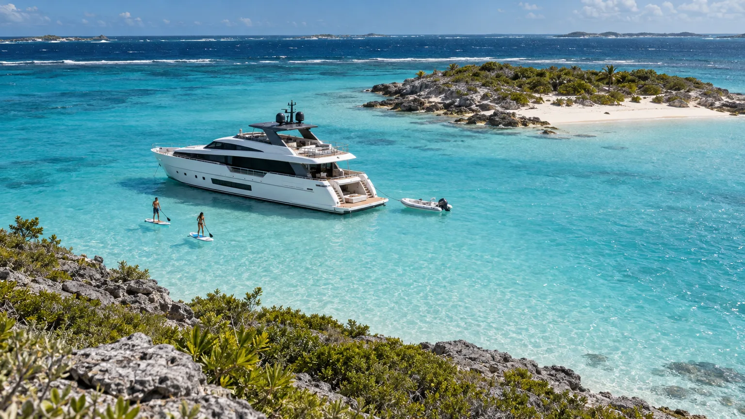 Crewed motor yacht anchored over pale sand shallows in the Bahamas Exumas