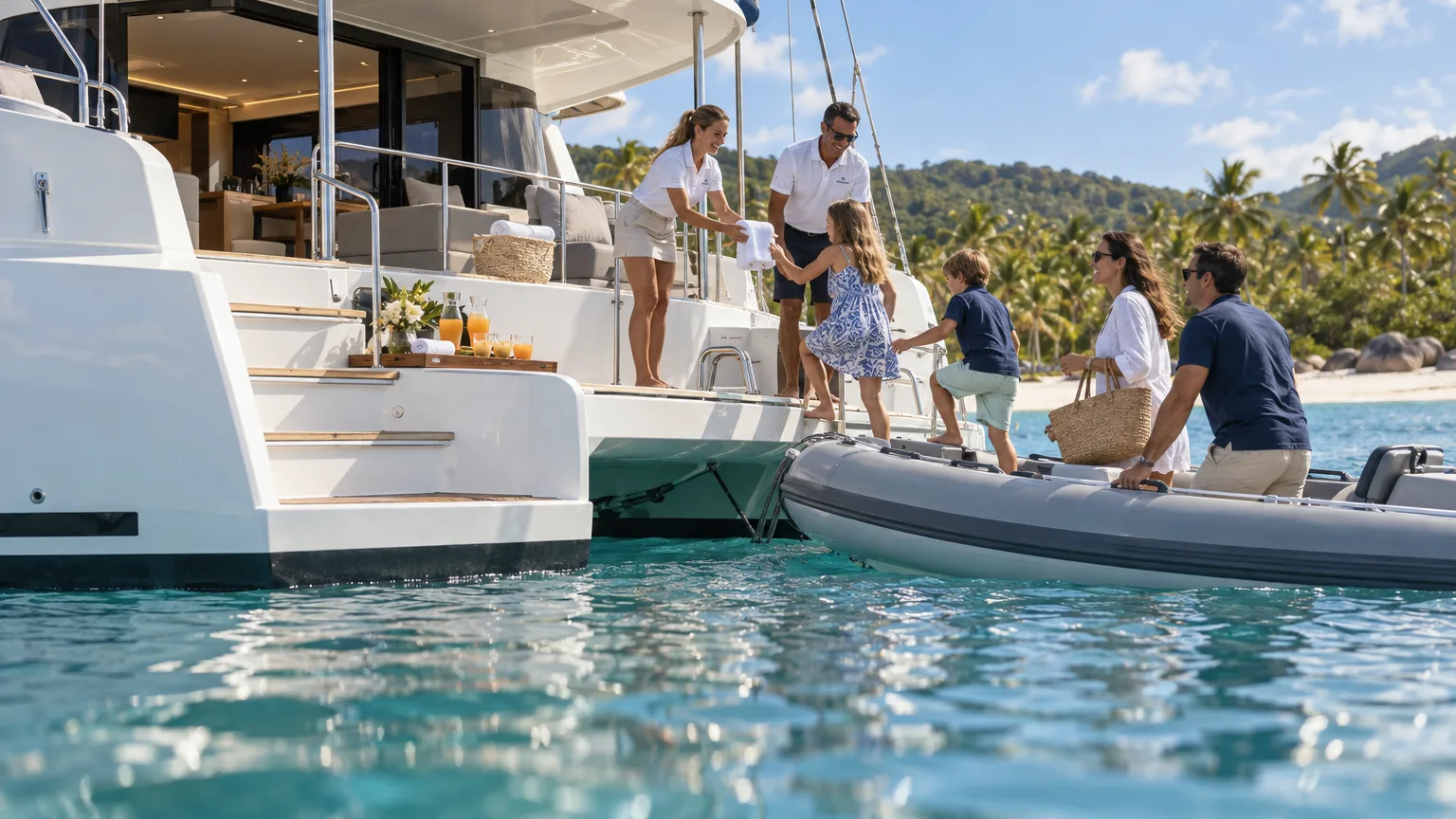 Crew welcoming a family aboard a crewed catamaran from the tender