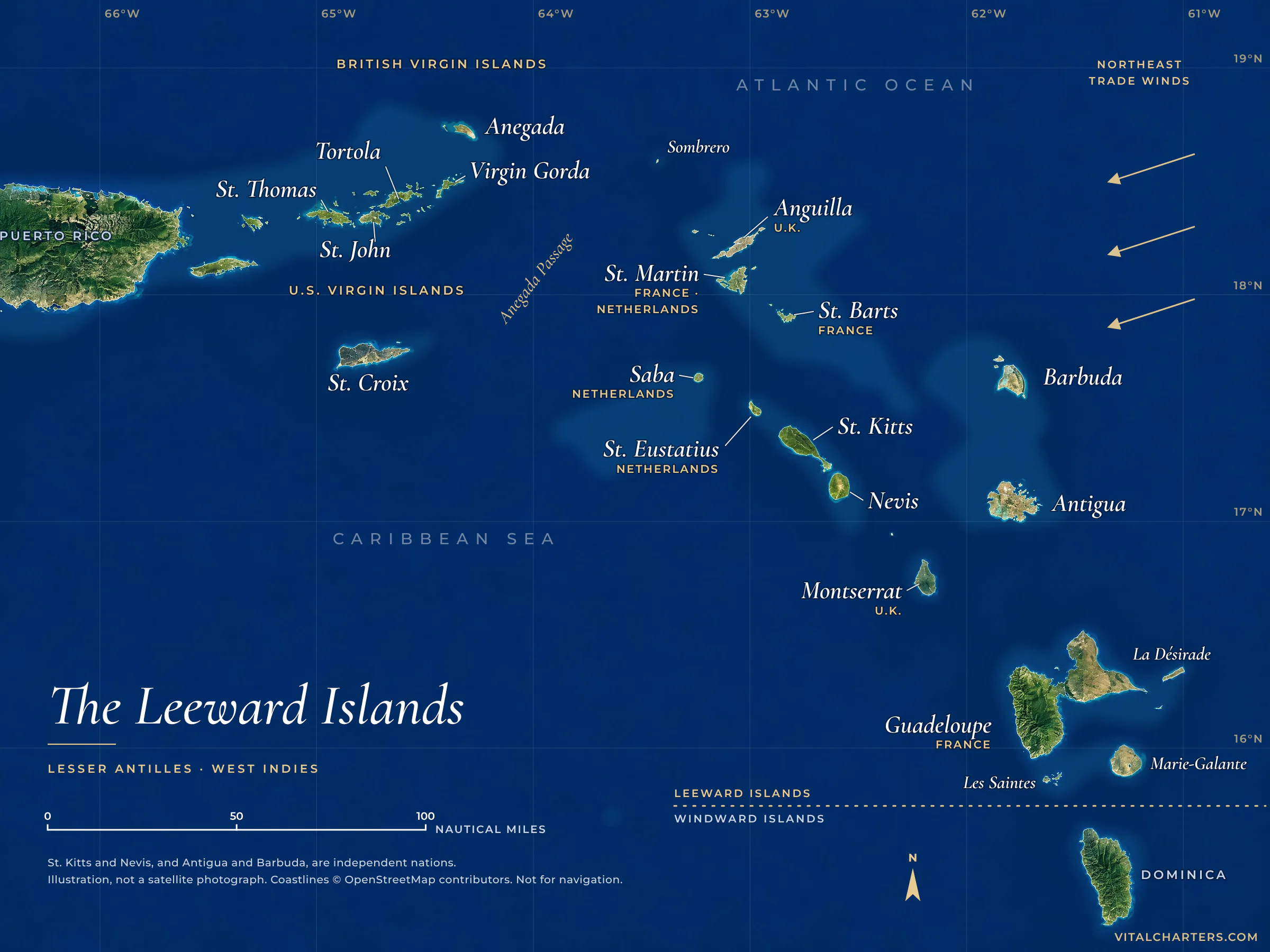 Map of the Leeward Islands in the northeastern Caribbean, in natural colour, showing the U.S. Virgin Islands, British Virgin Islands, Anguilla, St. Martin, St. Barts, Saba, St. Eustatius, St. Kitts, Nevis, Barbuda, Antigua, Montserrat and Guadeloupe, with the Anegada Passage, the trade winds and the line where the Windward Islands begin at Dominica.