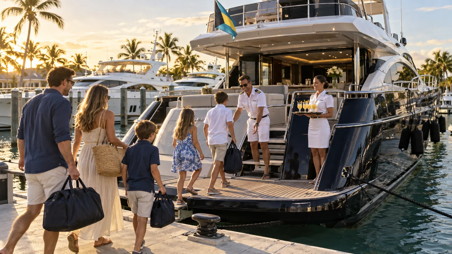 Crew welcoming guests aboard a motor yacht at the dock before a Nassau yacht charter