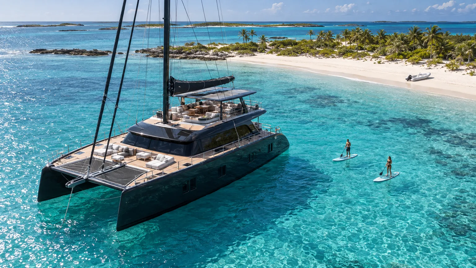 Crewed catamaran anchored off an empty beach on a boat charter from Nassau to the Exumas