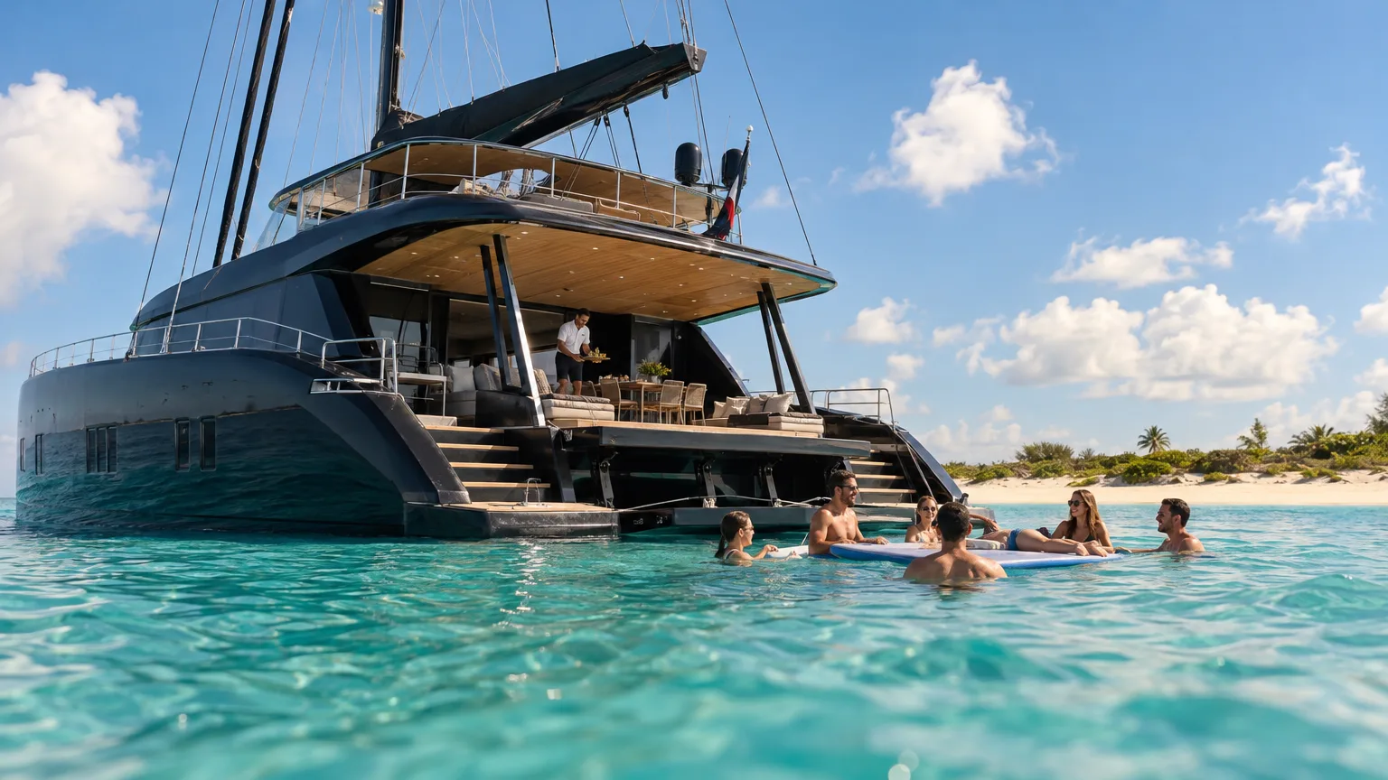 Guests swimming off a crewed catamaran during a private day charter from Nassau