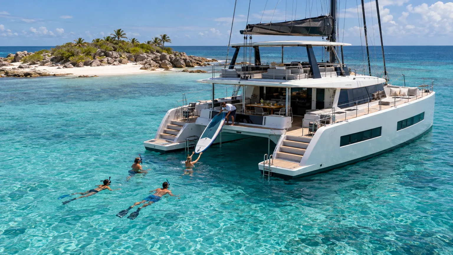 Private Caribbean cruise on a crewed catamaran anchored alone off a small cay with guests swimming