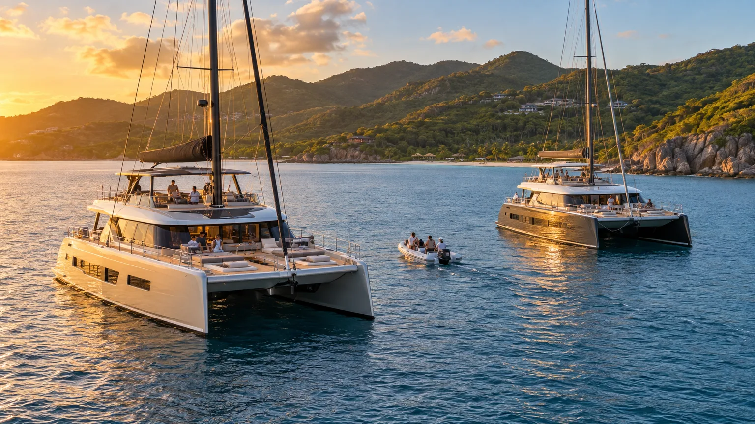 Two crewed catamarans anchored side by side for a group sailing together on a private Caribbean cruise