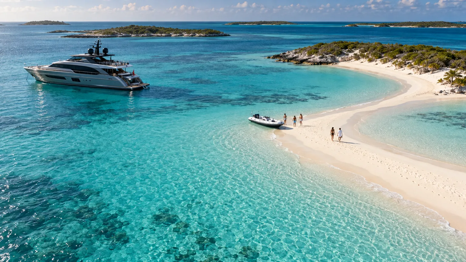 Crewed motor yacht anchored off a sandbar in the Exuma Cays on a private Bahamas cruise