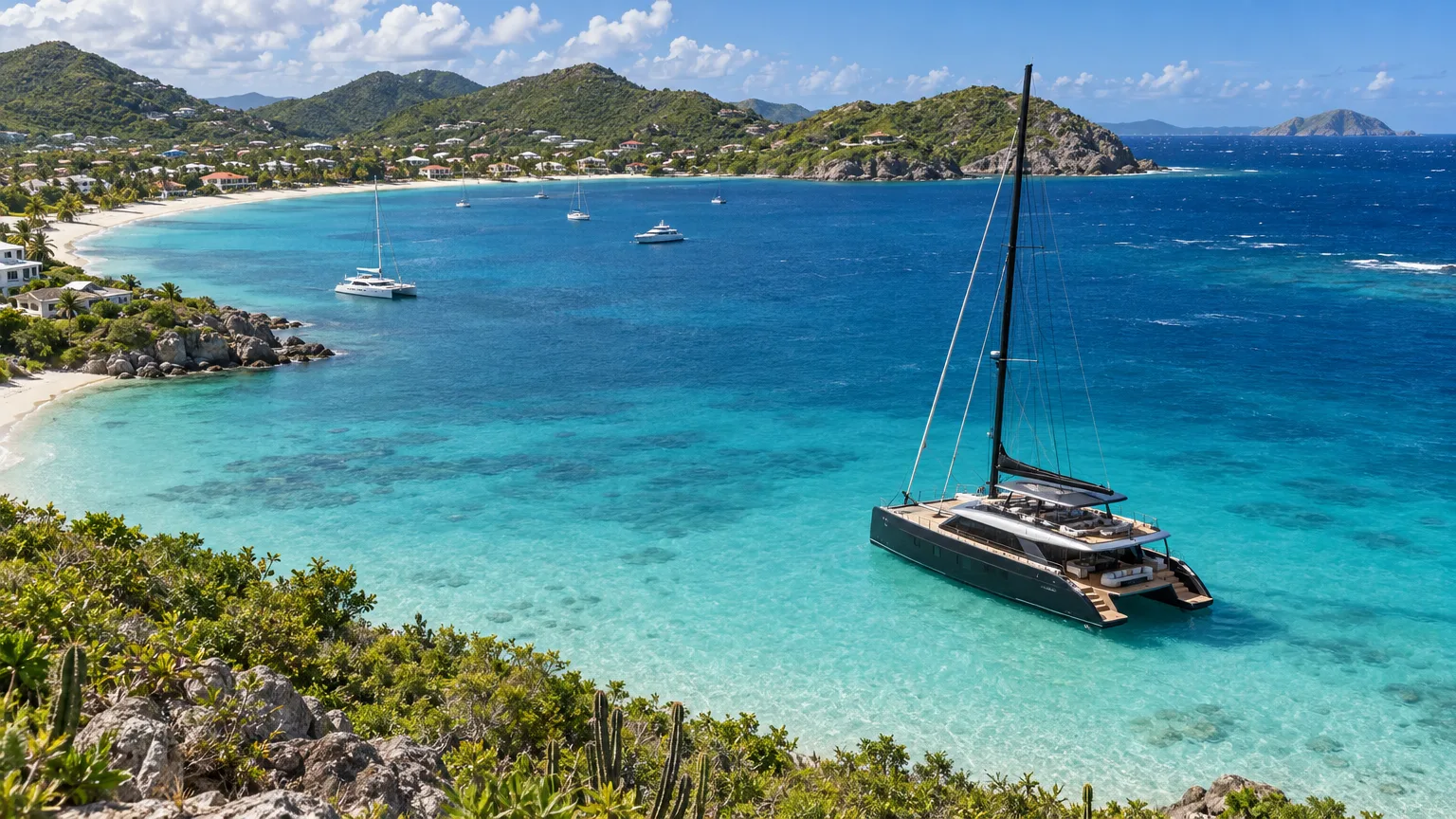 St. Martin catamaran charter: a Sunreef 80 at anchor over pale sand, seen from a headland