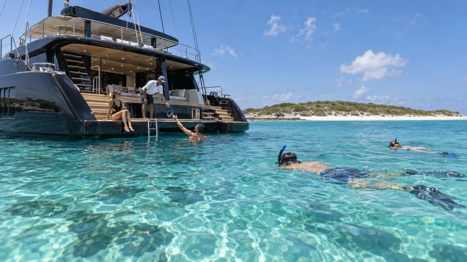 Guests swimming off a crewed catamaran at a nature reserve island near St. Martin