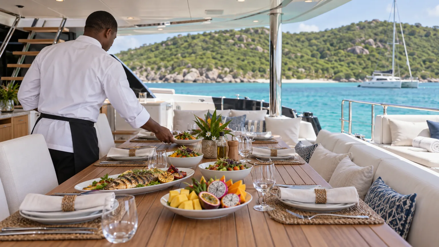 Chef serving lunch on the aft deck of a crewed catamaran charter in St. Martin