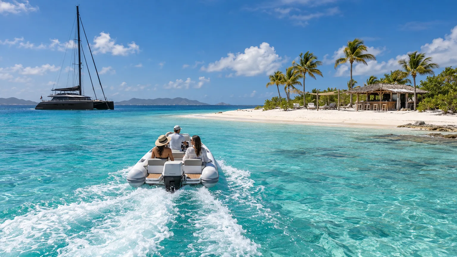 Tender heading to a sandbar cay off Anguilla on a St. Martin catamaran charter
