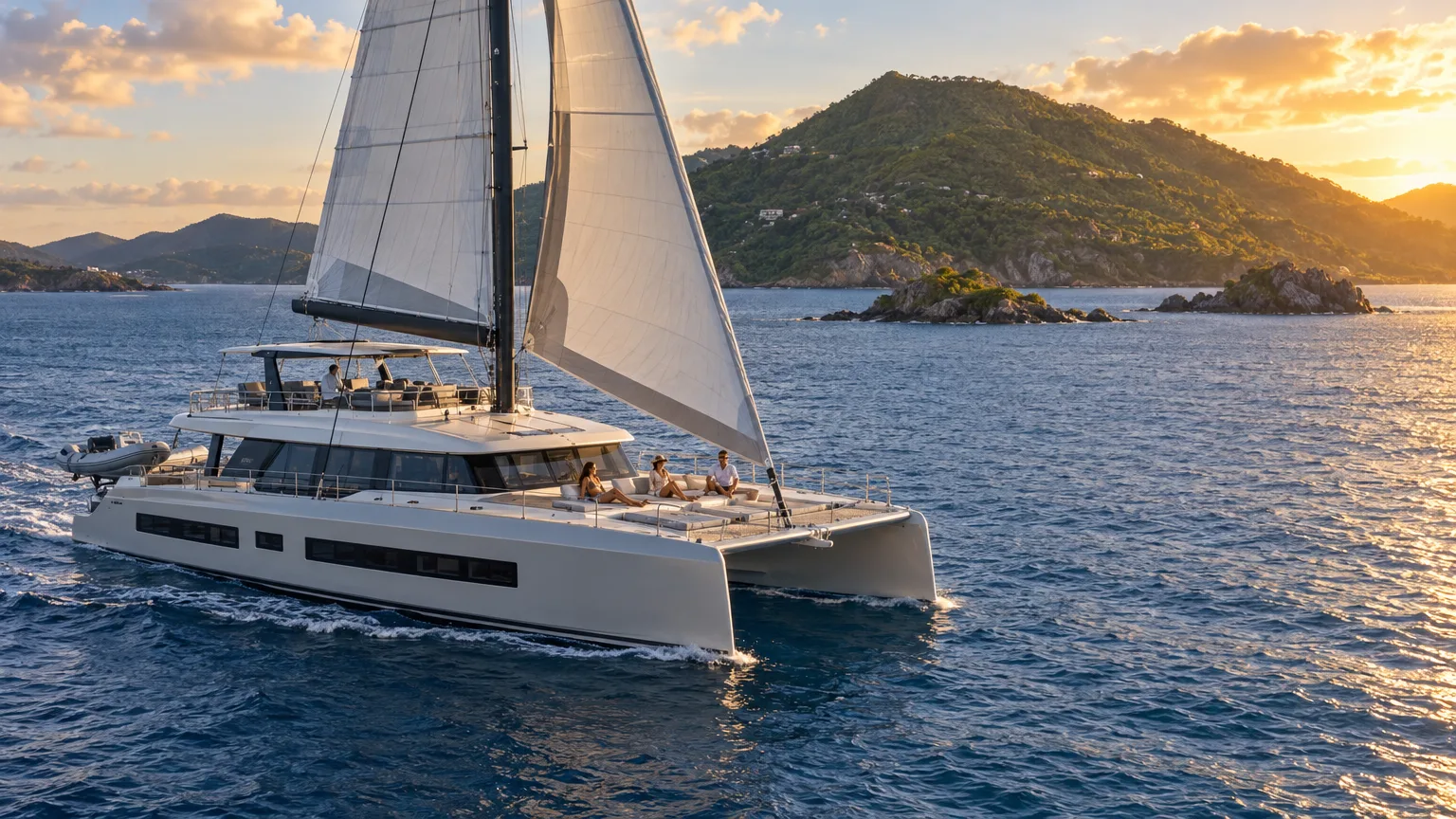 St. Thomas yacht charter: a crewed catamaran under sail off the east end with St. John behind | Vital Charters St. Thomas yacht charter: a crewed catamaran under sail off the east end with St. John behind