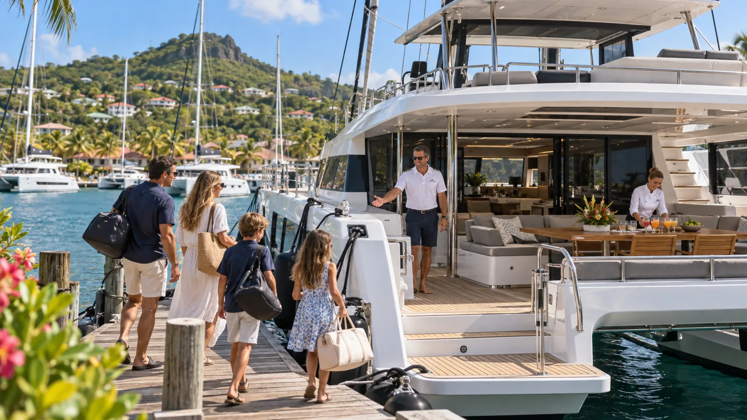 Guests boarding a crewed catamaran at a marina on a St. Thomas yacht charter