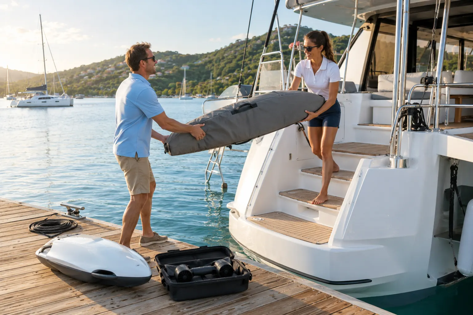 At a marina dock, a padded eFoil board bag is handed aboard a sailing catamaran to a crew member, with a water sled and a cased sea scooter waiting on the dock.