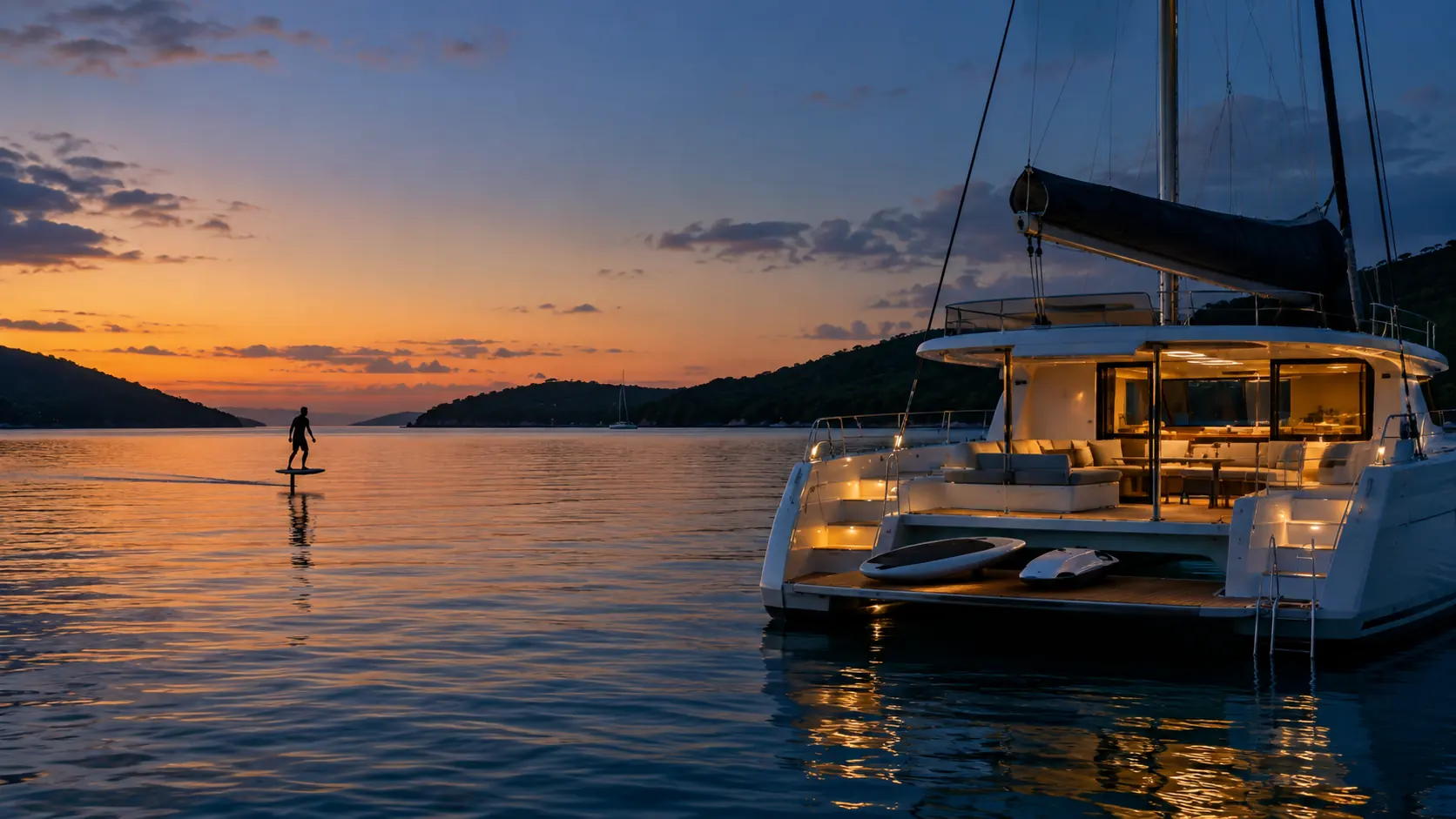 A sailing catamaran at anchor at dusk with its cabin lights on, an eFoil board and a water sled on its swim platform, and an eFoil rider crossing the bay in the distance.