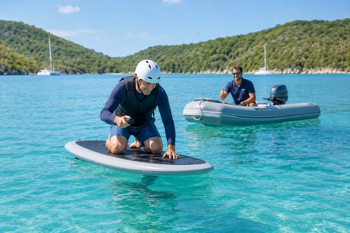 A beginner in a helmet and impact vest kneels on an eFoil board in a calm bay while an instructor watches from a small tender.