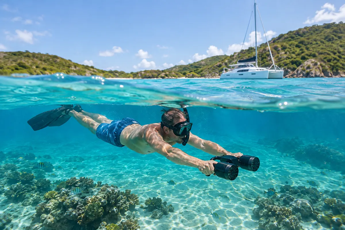 A snorkeler is towed along the surface by a small twin-thruster sea scooter, with a catamaran at anchor in the distance.
