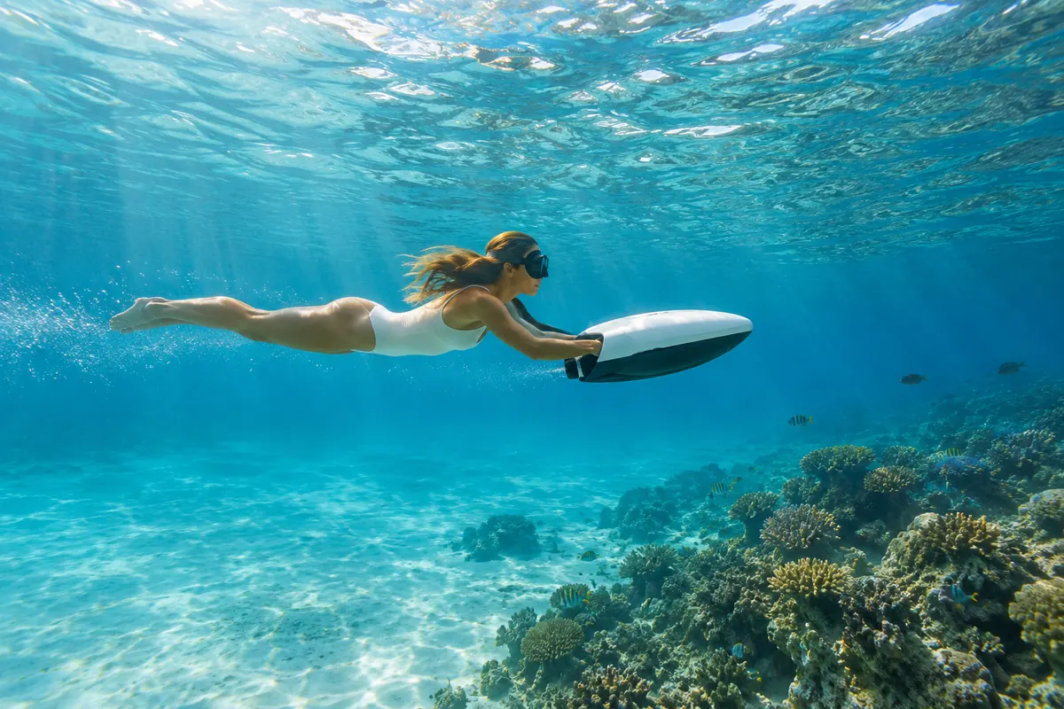 A swimmer in a dive mask glides just under the surface over a coral reef, pulled along by a handheld electric water sled.