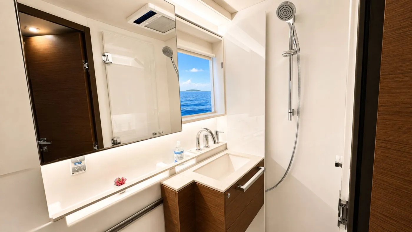 <p>Bathrooms<br />
Each of ATHENA’s guest cabins features a private ensuite bathroom, offering guests comfort and privacy throughout their charter. Thoughtfully designed as a dry head, the shower area is separated by a sleek sliding glass door, helping to keep the vanity and bathroom area dry while providing a comfortable, dedicated shower space.<br />
Contemporary finishes, warm wood cabinetry, a private vanity and excellent natural light create a fresh, modern atmosphere — a wonderful touch of home while enjoying life at sea.</p>