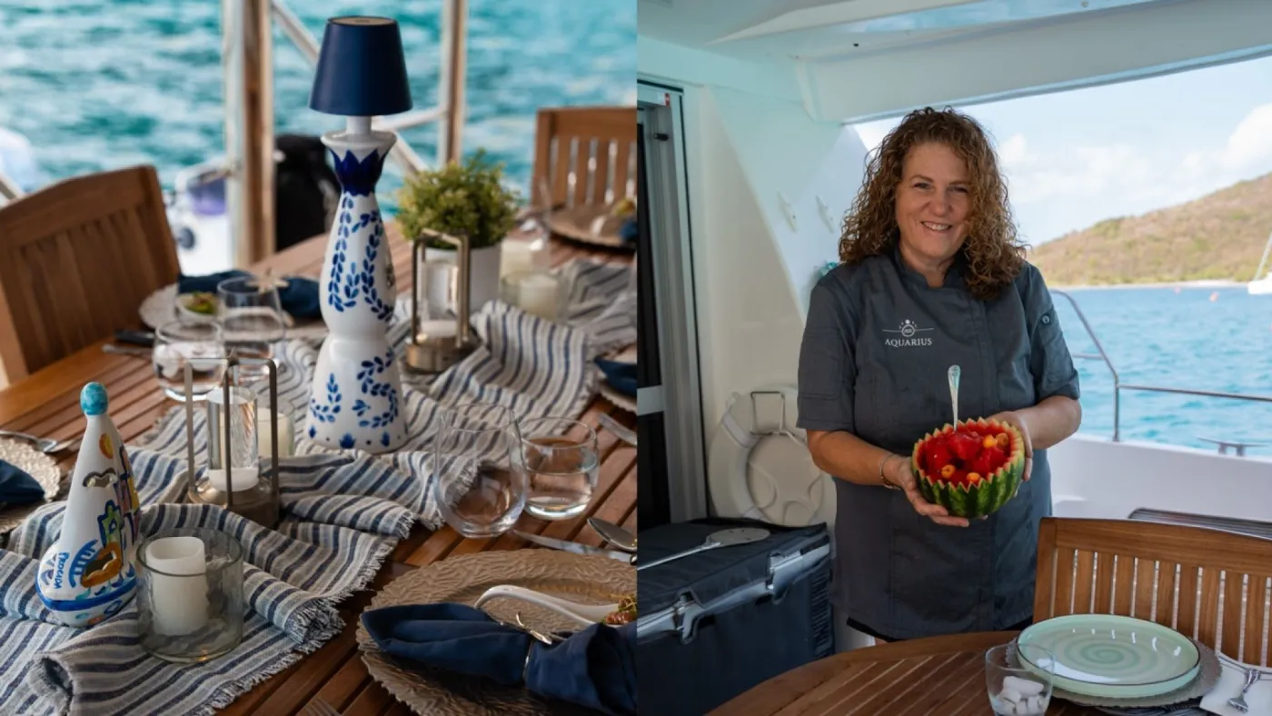 <p>Chef Tara and the aft deck alfresco dining area</p>