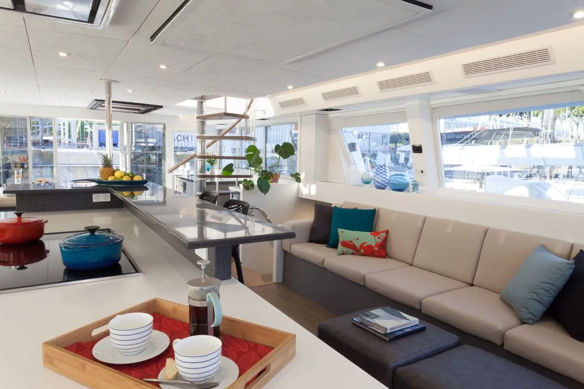Luxurious and modern, OUT OF OFFICE was launched in December 2016.    She offers six equal guest cabins with king size berths, each with private ensuite head (electric head, shower and basin).  The guest cabins are bright and spacious and all have individually controlled air-conditioning units for guests comfort.  The top deck fly bridge offers a 360 degree view.  Her interior salon has lounge area, bar area and formal dining areas are bright, open with expansive views.   The salon opens onto the aft deck.  