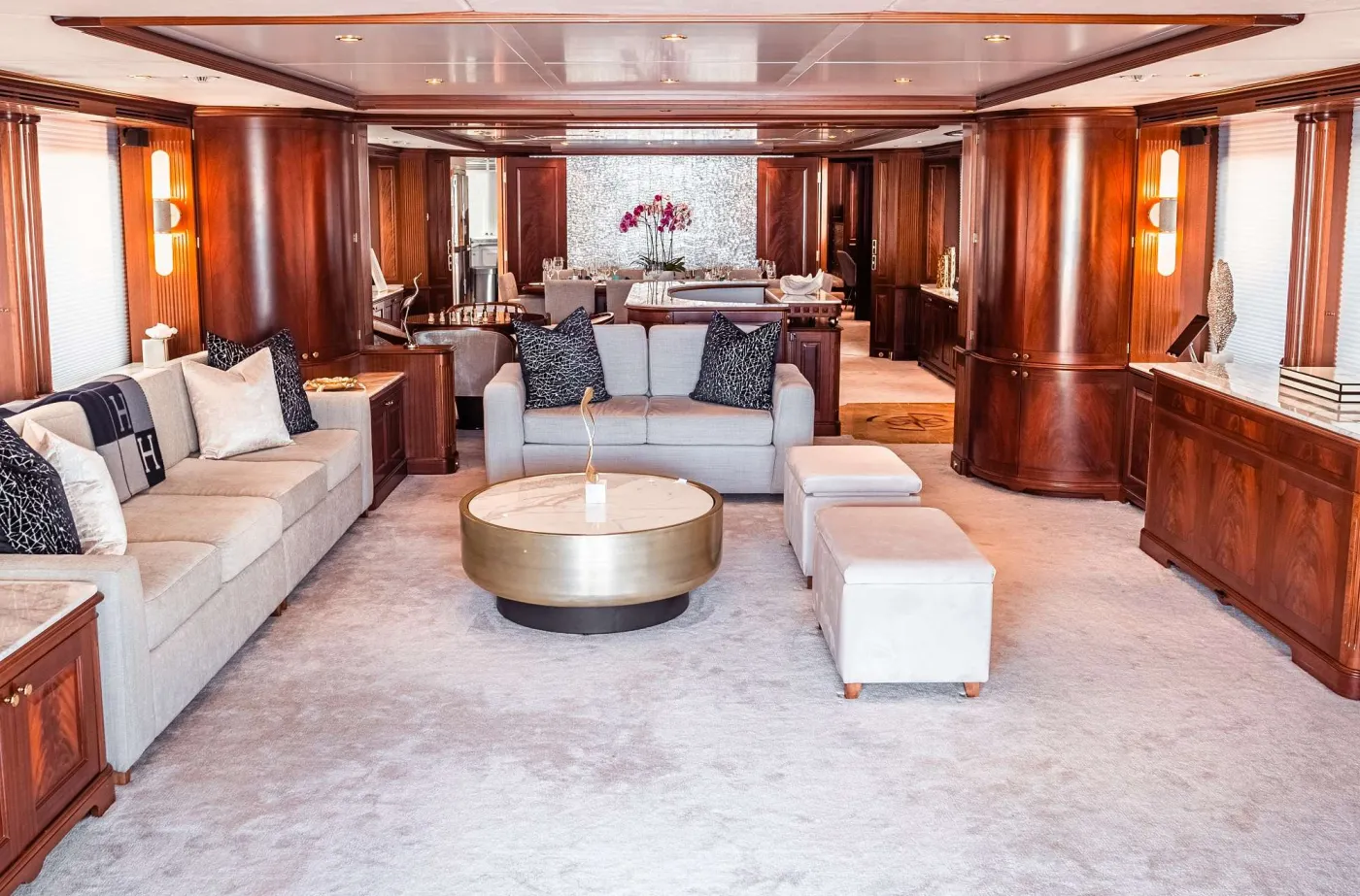 The 36.58m/120' 'Mamma Mia' motor yacht built by the Italian shipyard Benetti is available for charter for up to 10 guests in 5 cabins. This yacht features interior styling by French designer Zuretti.
Boasting an array of sumptuous living areas laid out invitingly to create a warm and welcoming atmosphere onboard, motor yacht Mamma Mia is the perfect luxury charter yacht for friends and family.
GUEST ACCOMMODATION
She offers guest accommodation for up to 10 guests with a layout comprising a master suite located on the main deck, two VIP cabins, one double cabin and one twin cabin. There are 8 beds in total, including 1 king, 3 queen, 2 singles and 2 pullmans. She is also capable of carrying up to 7 crew onboard to ensure a relaxed luxury yacht charter experience.
ONBOARD COMFORT & ENTERTAINMENT
Keeping comfortable and entertained on Mamma Mia is easy thanks to the available amenities. Retreat to the deck jacuzzi and soak up the scenery.
Mamma Mia benefits from some excellent features to improve your charter including satellite communications, keeping you connected on any voyage. With Wi-Fi connectivity you don't have to lose contact with the outside world, unless you want to or guests will experience complete comfort while chartering thanks to air conditioning.
PERFORMANCE & RANGE
Built with a GRP hull and GRP superstructure, she benefits from a semi-displacement hull to provide exceptional seakeeping and impressive speeds. Powered by twin MTU engines, she comfortably cruises at 12 knots, reaches a maximum speed of 15 knots with a range of up to 3,500 nautical miles from her 44,587 litre fuel tanks. Mamma Mia features at-anchor stabilizers providing exceptional comfort levels.

