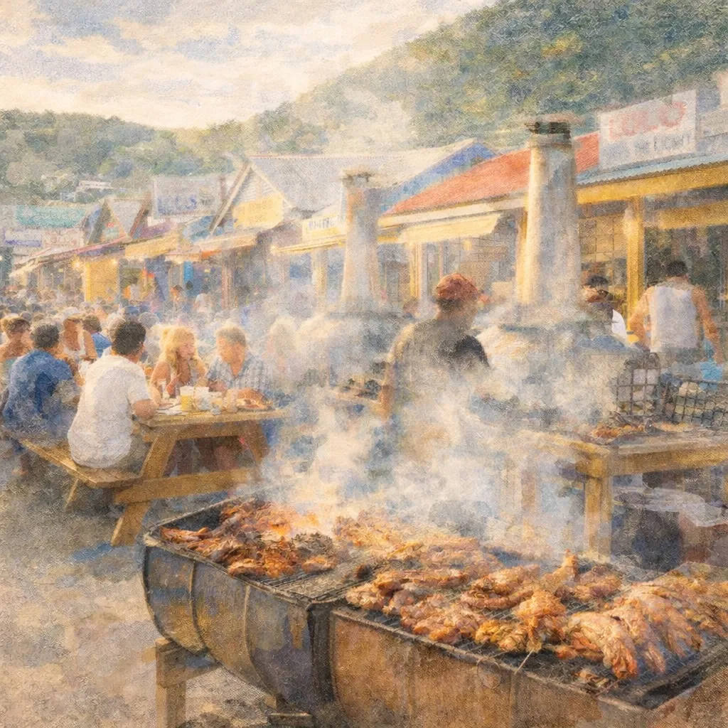 People sit at a wooden picnic table at a street food market as a large grill smokes with ribs cooking.