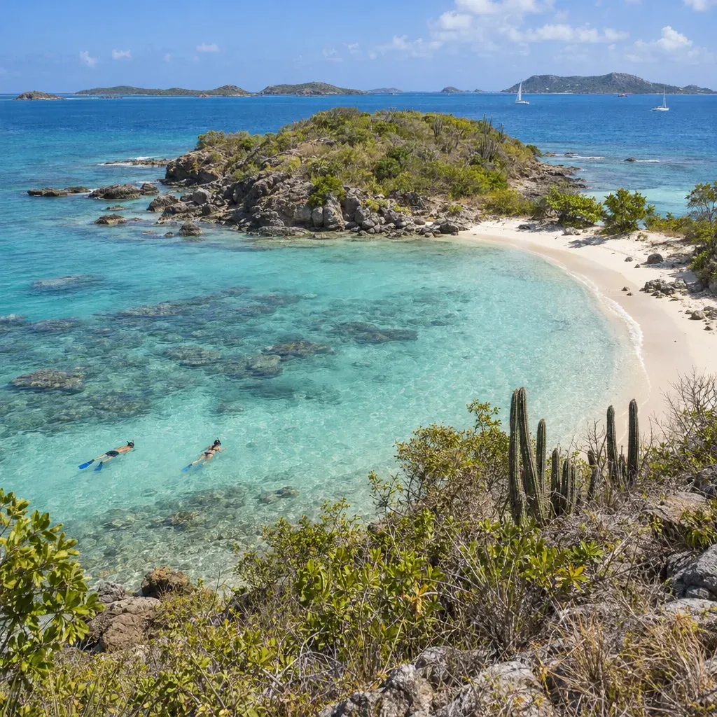 Great Bird Island beach and shallow turquoise water in Antigua's North Sound