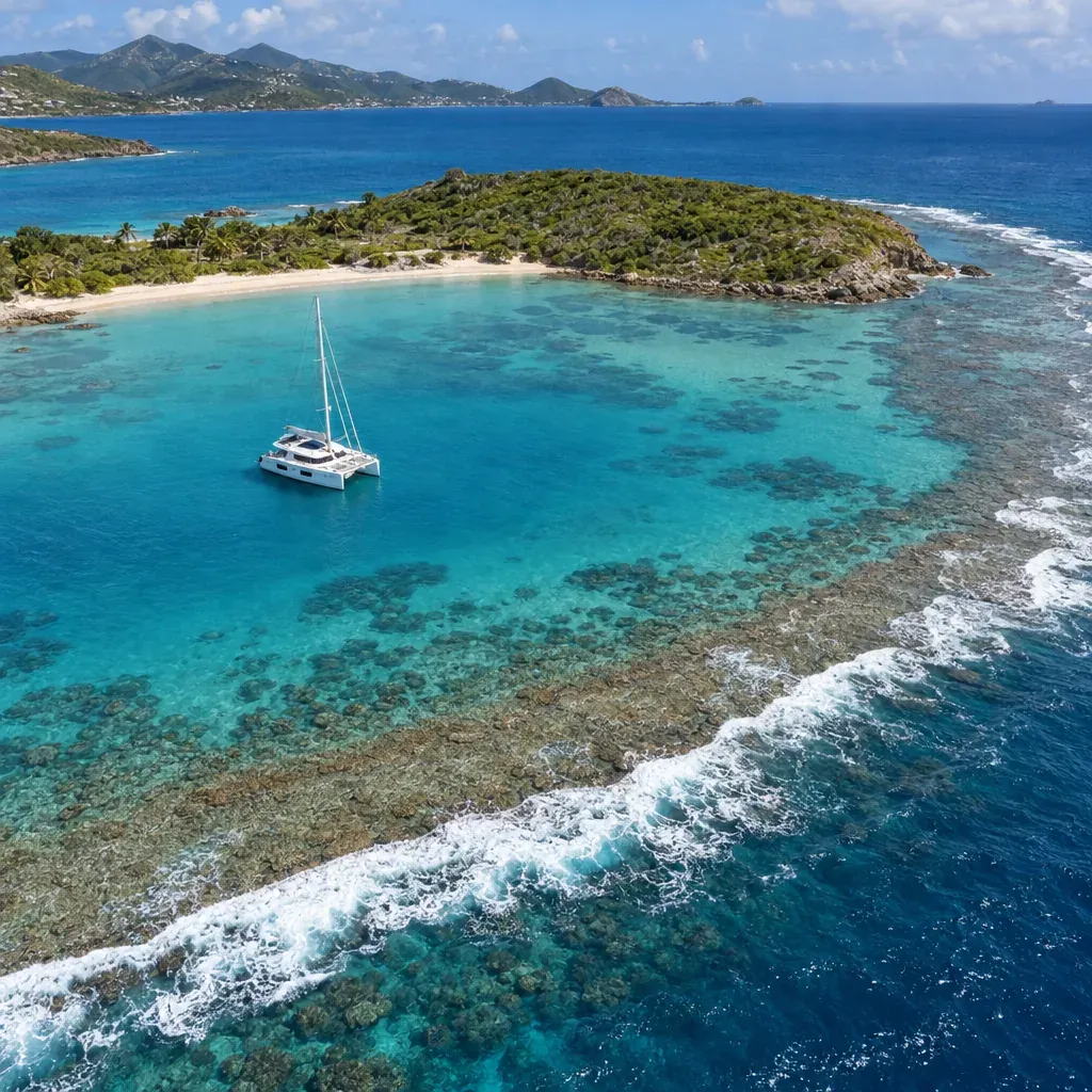 Aerial view of Nonsuch Bay and Green Island behind the barrier reef on Antigua's east coast
