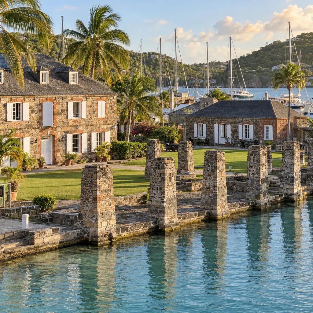Restored Georgian stone buildings and the old boathouse pillars at Nelson's Dockyard, English Harbour, Antigua