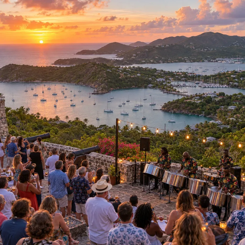 Sunset over English Harbour and Falmouth Harbour from Shirley Heights Lookout, with a steel pan band playing