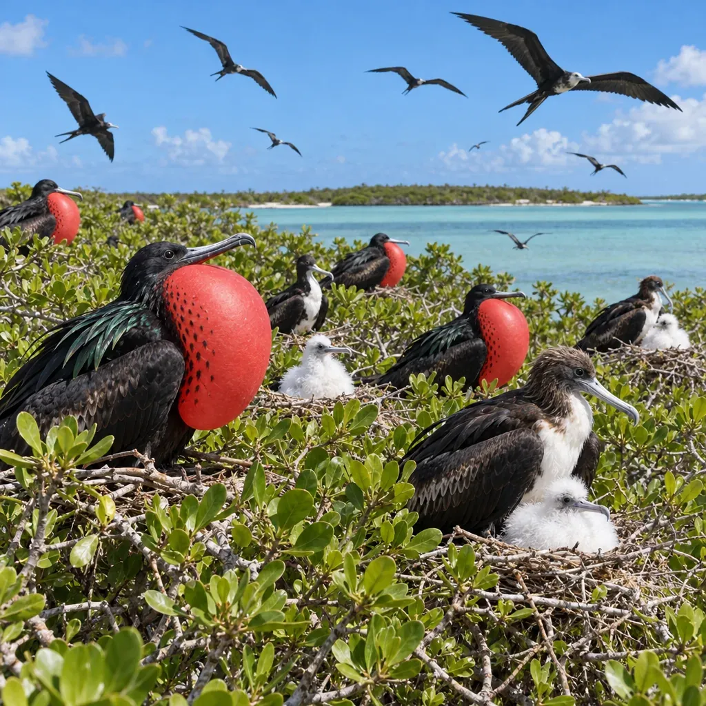 Magnificent frigatebirds nesting in the mangroves of Codrington Lagoon, Barbuda, males with red throat pouches inflated