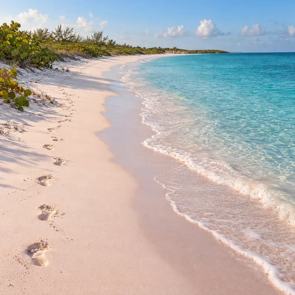 Empty pale pink sand beach and turquoise water on Barbuda