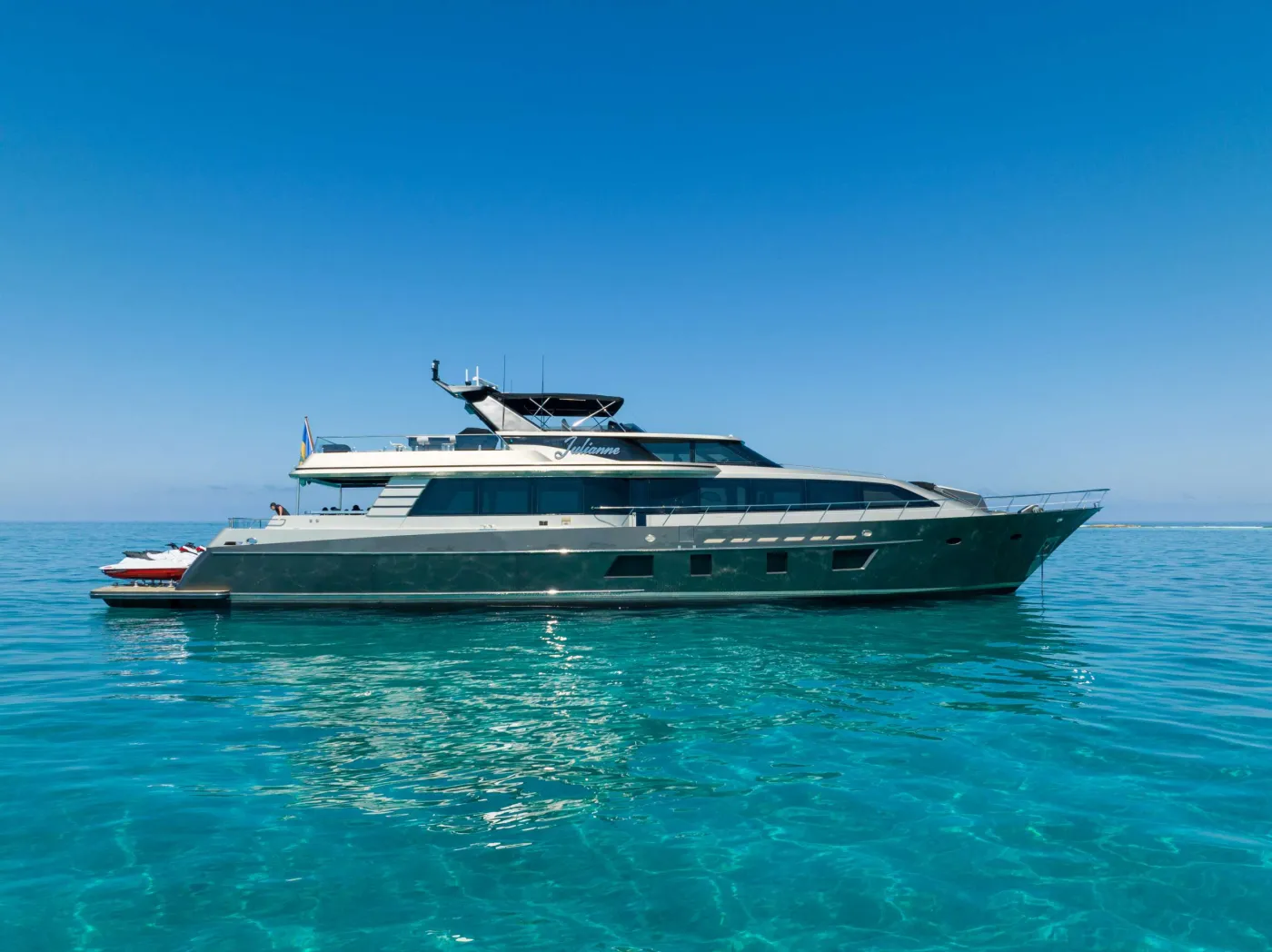 <p>M/Y Julianne has undergone an extensive 5 year re-build and is now ready to go. Everything is brand new on the yacht including a beach club set up, jacuzzi, Gyro at anchor stabilizer, New interior, new electronics. This vessel is in reality a 2022 launch.<br />
She has a 39ft Nor-tech Center console with 3 x 400hp, 2 brand new Yamaha wave runners, 2 x see bobs, 2 x paddle boards,15ft x15ft critter pool, snorkeling, fishing, floats etc.<br />
4 full time crew.</p>