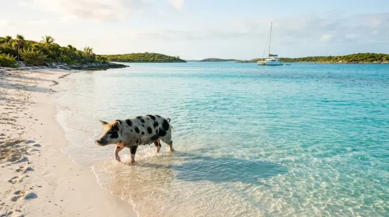 Swimming pig wading at Pig Beach with a catamaran anchored offshore in the Bahamas