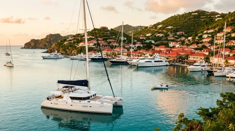 Luxury catamaran anchored in Gustavia Harbor on a St. Barts yacht charter itinerary at golden hour