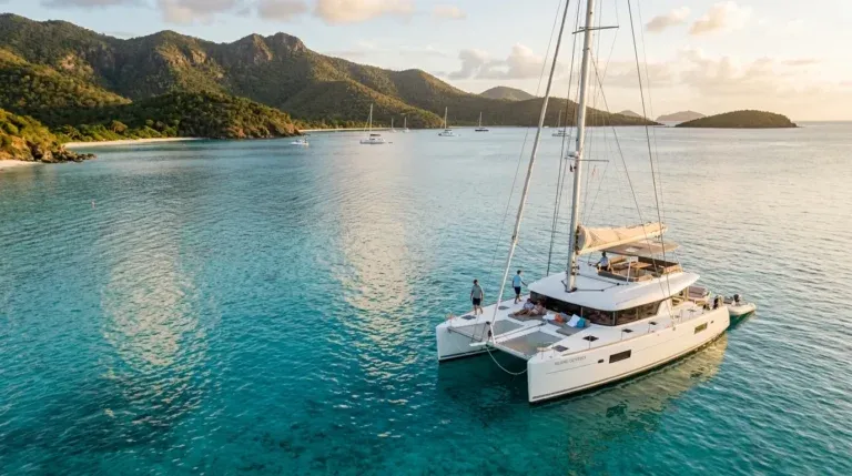 Crewed sailing catamaran anchored in a turquoise BVI bay at golden hour on a Caribbean yacht charter