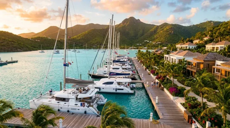 Aerial view of BVI hotels and marina resort near charter yachts in turquoise Caribbean water