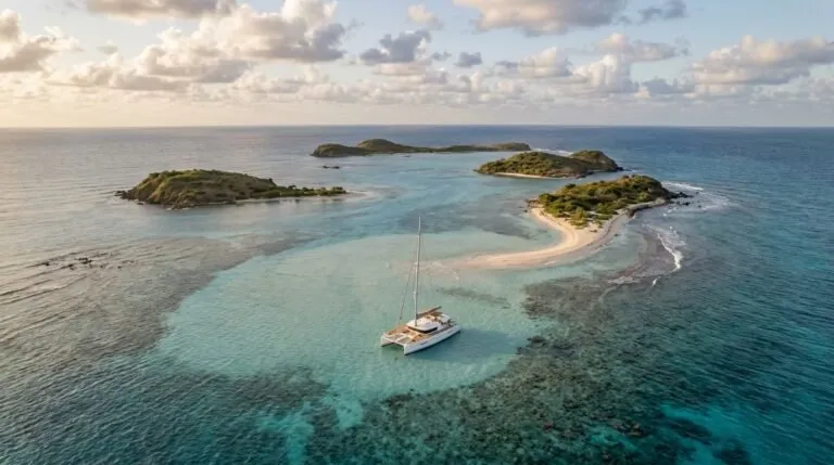 Solo catamaran anchored at the Tobago Cays sandbar in the Grenadines — hidden Caribbean anchorages yacht charter